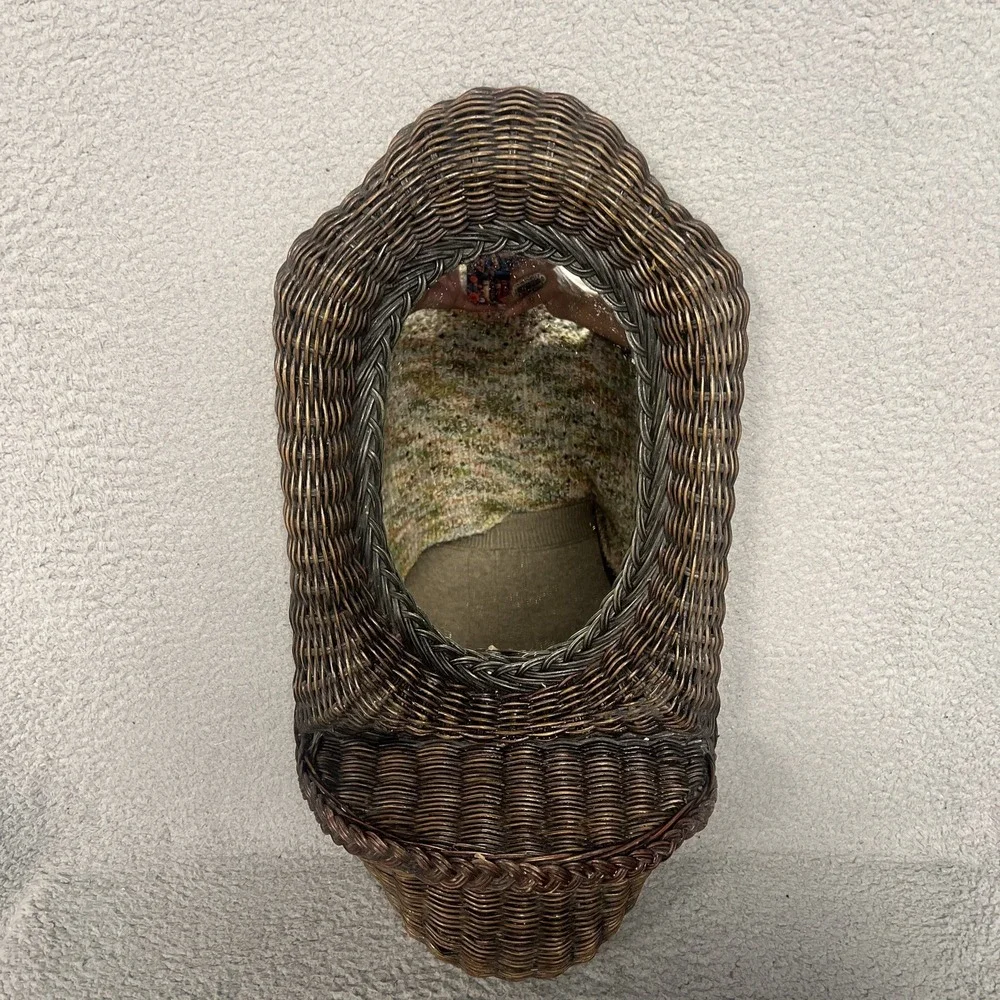 VTG Wicker Framed Wall Mirror  with Shelf 24